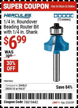 Buy the HERCULES 1/4 in. Roundover/Beading Router Bit with 1/4 in. Shank (Item 59262) for $6.99, valid through 2/23/2025.