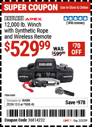 Buy the BADLAND APEX 12,000 lb. Winch with Synthetic Rope and Wireless Remote (Item 56385) for $529.99, valid through 2/2/2025.