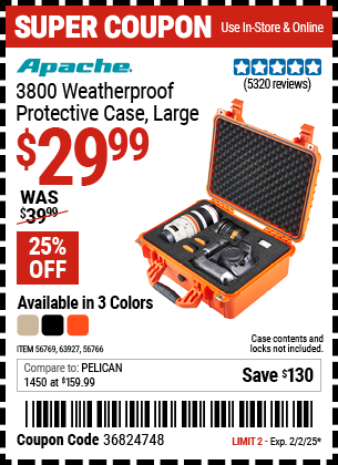 Buy the APACHE 3800 Weatherproof Protective Case, Large (Item 56766/56769/63927) for $29.99, valid through 2/2/2025.