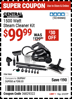 Buy the CENTRAL MACHINERY 1500 Watt Steam Cleaner Kit (Item 70065) for $99.99, valid through 2/2/2025.