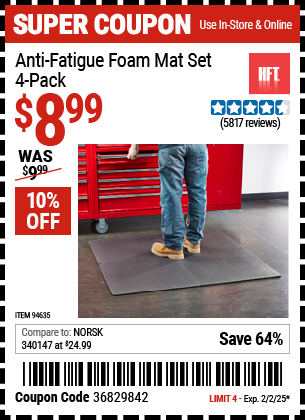 Buy the HFT Anti-Fatigue Foam Mat Set, 4-Pack (Item 94635) for $8.99, valid through 2/2/2025.