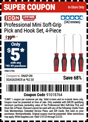 Buy the ICON Professional Mini Soft Grip Pick and Hook Set, 4-Piece (Item 57786) for $5 With $49.99 Purchase, valid through 2/2/2025.