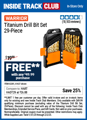 Buy the WARRIOR Titanium Drill Bit Set, 29-Piece for FREE With $49.99 Purchase, valid through 2/2/2025.