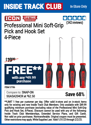 Inside Track Club members can Buy the ICON Professional Mini Soft Grip Pick and Hook Set, 4-Piece for FREE With $49.99 Purchase, valid through 2/2/2025.