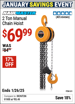 Buy the HAUL-MASTER 2 Ton Manual Chain Hoist (Item 00631) for $69.99, valid through 1/26/2025.