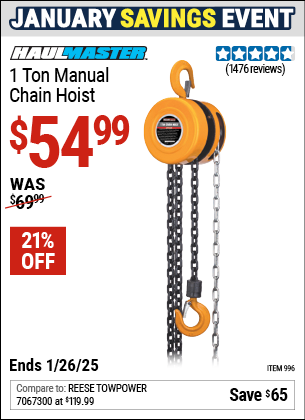 Buy the HAUL-MASTER 1 Ton Manual Chain Hoist (Item 00996) for $54.99, valid through 1/26/2025.