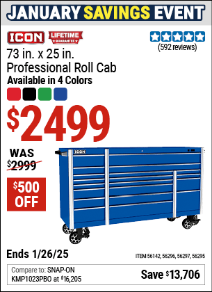 Buy the ICON 73 in. x 25 in. Professional Roll Cab (Item 56142/56295/56296/56297) for $2499, valid through 1/26/2025.