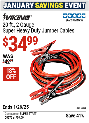 Buy the VIKING 20 ft. 2 Gauge Super Heavy Duty Jumper Cables (Item 56236) for $34.99, valid through 1/26/2025.