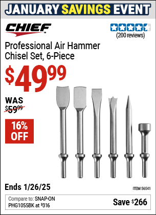 Buy the CHIEF Professional Air Hammer Chisel Set, 6-Piece (Item 56541) for $49.99, valid through 1/26/2025.