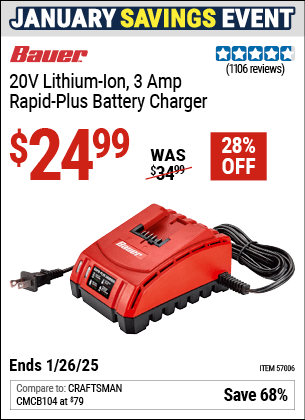 Buy the BAUER 20V Lithium-Ion 3 Amp Rapid-Plus Battery Charger (Item 57006) for $24.99, valid through 1/26/2025.