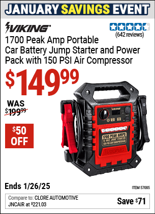 Buy the VIKING 1700 Peak Amp Portable Car Battery Jump Starter and Power Pack with 150 PSI Air Compressor (Item 57085) for $149.99, valid through 1/26/2025.