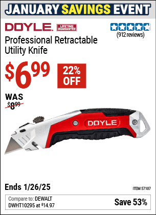 Buy the DOYLE Professional Retractable Utility Knife (Item 57107) for $6.99, valid through 1/26/2025.