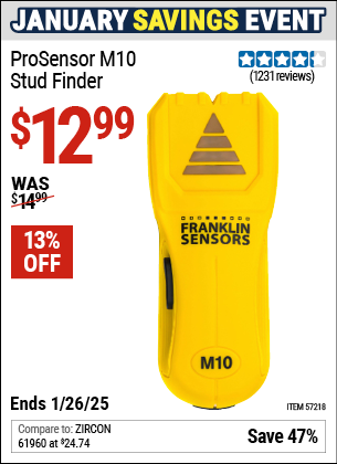 Buy the FRANKLIN SENSORS ProSensor M10 Stud Finder (Item 57218) for $12.99, valid through 1/26/2025.