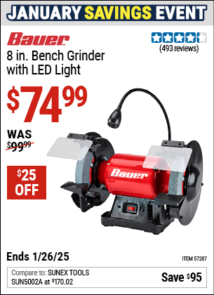 Buy the BAUER 8 in. Bench Grinder with LED Light (Item 57287) for $74.99, valid through 1/26/2025.