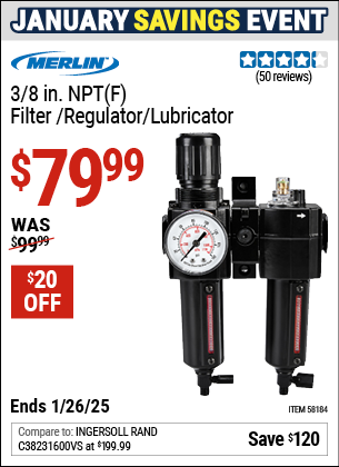 Buy the MERLIN 3/8 in. NPT(F) Filter /Regulator/Lubricator (Item 58184) for $79.99, valid through 1/26/2025.