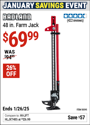 Buy the BADLAND 48 in. Farm Jack (Item 58395) for $69.99, valid through 1/26/2025.