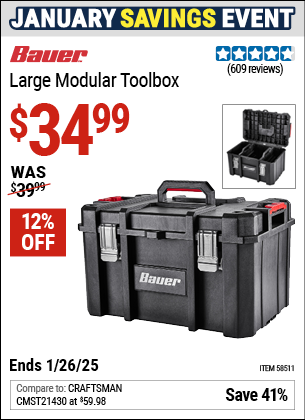 Buy the BAUER Large Modular Toolbox (Item 58511) for $34.99, valid through 1/26/2025.