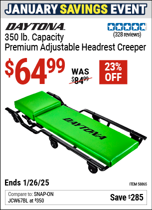 Buy the DAYTONA 350 lb. Capacity Premium Adjustable Headrest Creeper (Item 58865) for $64.99, valid through 1/26/2025.