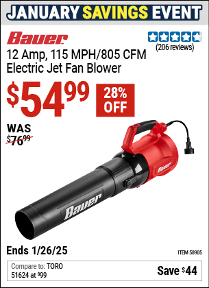 Buy the BAUER 12 Amp, 115 MPH/805 CFM Electric Jet Fan Blower (Item 58905) for $54.99, valid through 1/26/2025.