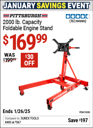 Buy the PITTSBURGH 2000 lb. Capacity Foldable Engine Stand (Item 59200) for $169.99, valid through 1/26/2025.