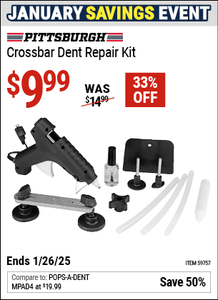 Buy the PITTSBURGH Crossbar Dent Repair Kit (Item 59757) for $9.99, valid through 1/26/2025.