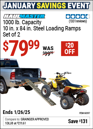 Buy the HAUL-MASTER 1000 lb. Capacity, 10 in. x 84 in. Steel Loading Ramps, Set of 2 (Item 60397) for $79.99, valid through 1/26/2025.