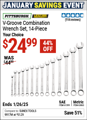 Buy the PITTSBURGH V-Groove Combination Wrench Set, 14-Piece (Item 61399/63063) for $24.99, valid through 1/26/2025.