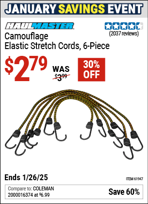 Buy the HAUL-MASTER Camouflage Elastic Stretch Cords, 6 Piece (Item 61947) for $2.79, valid through 1/26/2025.