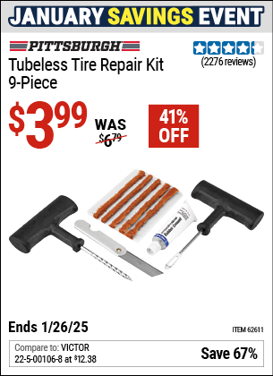 Buy the PITTSBURGH AUTOMOTIVE Tubeless Tire Repair Kit, 9-Piece (Item 62611) for $3.99, valid through 1/26/2025.