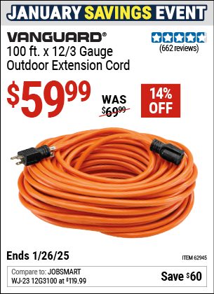 Buy the VANGUARD 100 ft. x 12/3 Gauge Outdoor Extension Cord, Orange (Item 62945) for $59.99, valid through 1/26/2025.