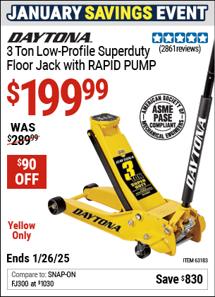 Buy the DAYTONA 3 Ton Low-Profile Superduty Floor Jack with RAPID PUMP, Yellow (Item 63183) for $199.99, valid through 1/26/2025.