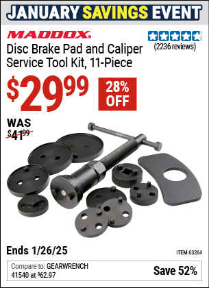 Buy the MADDOX Disc Brake Pad and Caliper Service Tool Kit, 11-Piece (Item 63264) for $29.99, valid through 1/26/2025.