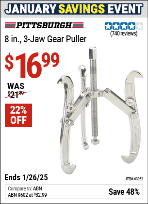 Buy the PITTSBURGH AUTOMOTIVE 8 in., 3-Jaw Gear Puller (Item 63952) for $16.99, valid through 1/26/2025.