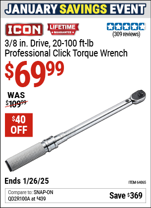 Buy the ICON 3/8 in. Drive, 20-100 ft-lb Professional Click Torque Wrench (Item 64065) for $69.99, valid through 1/26/2025.