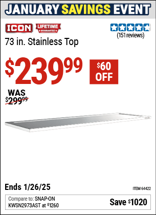 Buy the ICON 73 in. Stainless Top (Item 64422) for $239.99, valid through 1/26/2025.