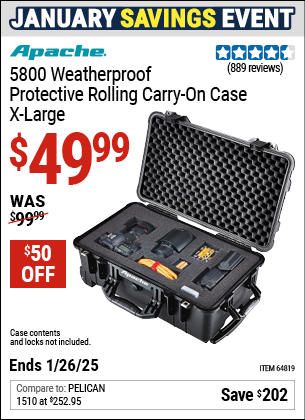 Buy the APACHE 5800 Weatherproof Protective Rolling Carry-On Case, X-Large (Item 64819) for $49.99, valid through 1/26/2025.