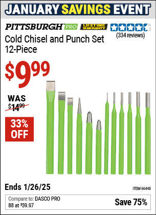 Buy the PITTSBURGH PRO Cold Chisel and Punch Set, 12-Piece (Item 66440) for $9.99, valid through 1/26/2025.