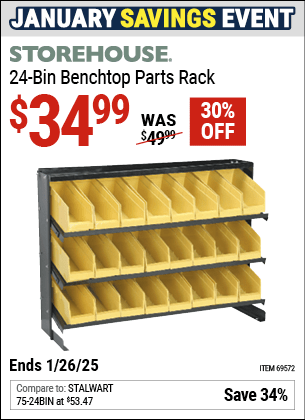 Buy the STOREHOUSE 24-Bin Benchtop Parts Rack (Item 69572) for $34.99, valid through 1/26/2025.