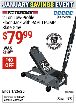 Buy the PITTSBURGH 2 Ton Low-Profile Floor Jack with RAPID PUMP, Slate Gray (Item 70485) for $79.99, valid through 1/26/2025.