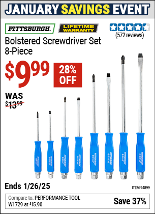 Buy the PITTSBURGH Bolstered Screwdriver Set, 8-Piece (Item 94899) for $9.99, valid through 1/26/2025.