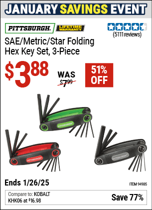 Buy the PITTSBURGH SAE/Metric/Star Folding Hex Key Set, 3-Piece (Item 94905) for $3.88, valid through 1/26/2025.