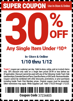 30% Off Any Single Item Under $10, valid through 1/12/2025.