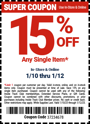 15% Off Any Single Item, valid through 1/12/2025.