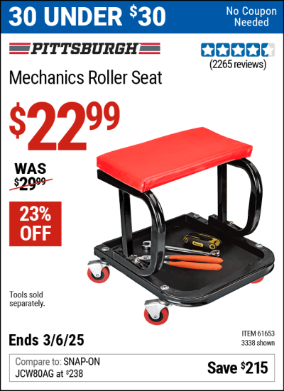 Buy the PITTSBURGH AUTOMOTIVE Mechanics Roller Seat (Item 03338/61653) for $22.99, valid through 3/6/2025.