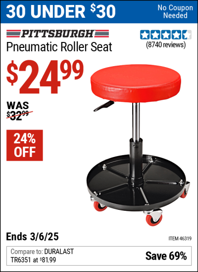 Buy the PITTSBURGH AUTOMOTIVE Pneumatic Roller Seat (Item 46319) for $24.99, valid through 3/6/2025.