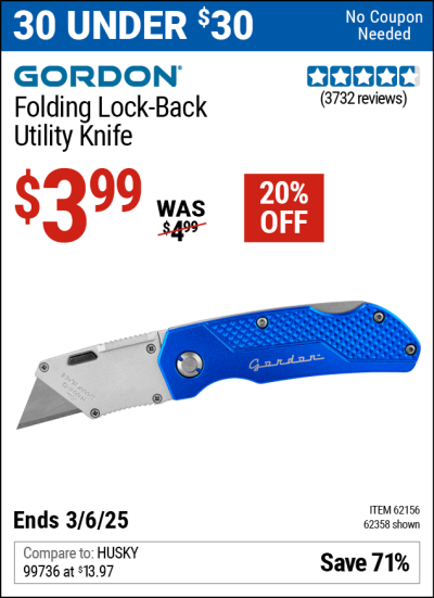 Buy the GORDON Folding Lock-Back Utility Knife (Item 62358/62156) for $3.99, valid through 3/6/2025.
