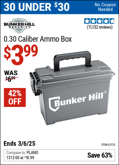 Buy the BUNKER HILL SECURITY 0.30 Caliber Ammo Box (Item 63135) for $3.99, valid through 3/6/2025.