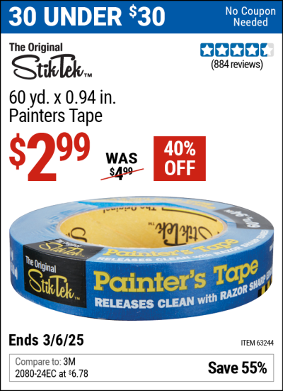 Buy the STIKTEK 60 yd. x 0.94 in. Painters Tape (Item 63244) for $2.99, valid through 3/6/2025.