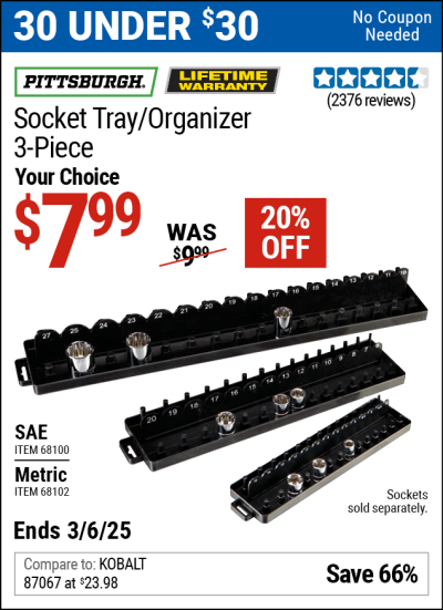 Buy the PITTSBURGH Socket Tray/Organizer, 3-Piece (Item 68100/68102) for $7.99, valid through 3/6/2025.