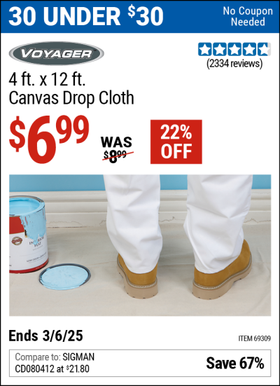 Buy the VOYAGER 4 x 12 Canvas Drop Cloth (Item 69309) for $6.99, valid through 3/6/2025.